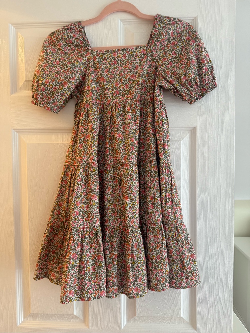 J. Crew Pink and Green Floral Tiered Dress with Puff Sleeves